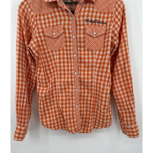 Harley Davidson Snap Button Shirt Women Medium Orange Plaid Long Sleeve Embroide - Picture 3 of 7